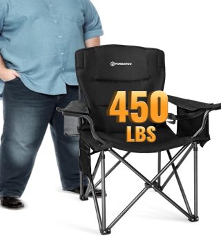 FUNDANGO Oversized Camping Chair for Adults, Heavy Duty Portable Foldable Lawn Chair with Padded Seat & Back, Lumbar Support, 4-can Cooler & Cup Holder, Carry Bag Included for Outdoor (Black)