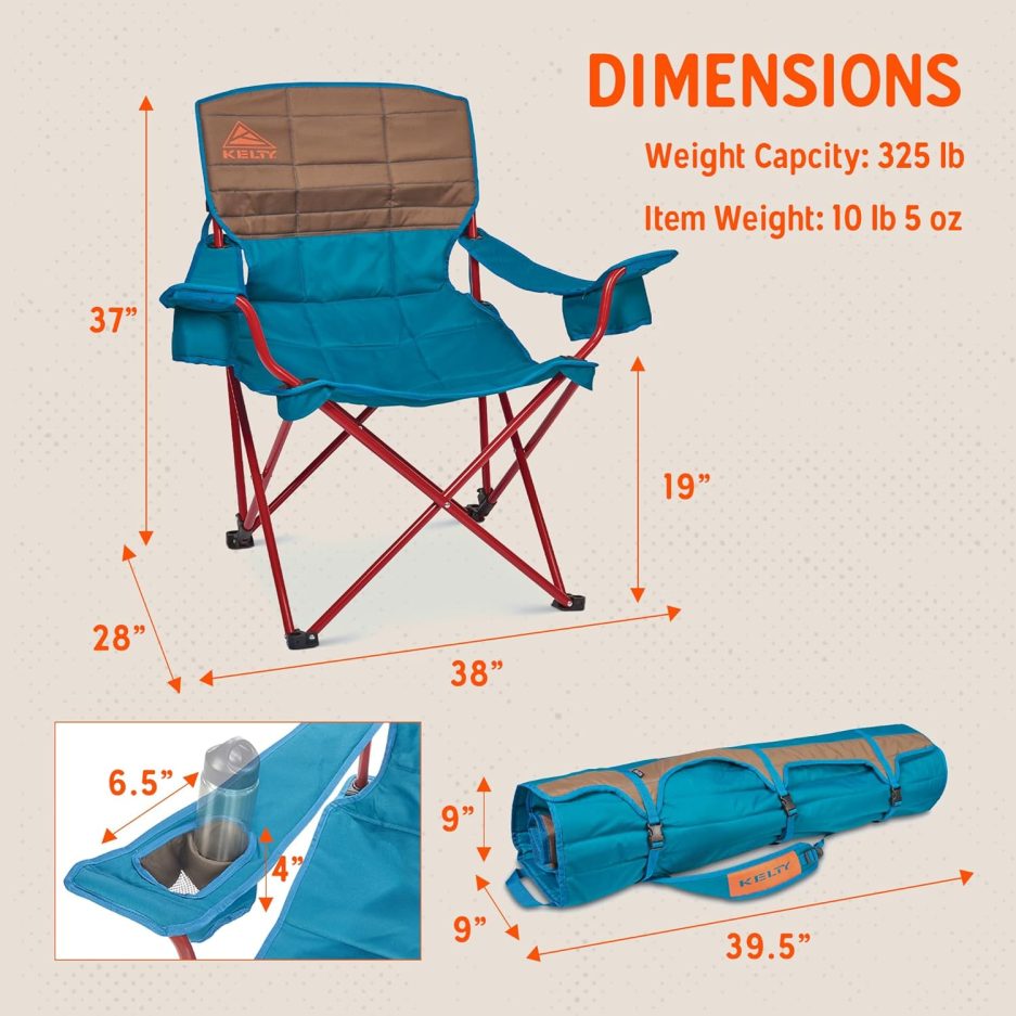 Kelty Deluxe Lounge Chair – Folding Outdoor Camp Chair, Insulated Cupholders, Customized Recline, Steel Frame, Padded Roll Storage, 2024 (Deep Lake) - Image 3
